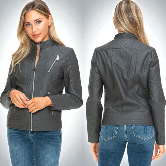 Charcoal Gray Faux Leather Zip Up Mock Neck Jacket XL NWT - Snobbish - Picture 3 of 16